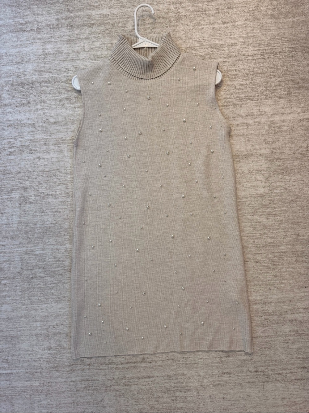Zara Cream Sleeveless Turtleneck Knit Dress with Pearl Accents